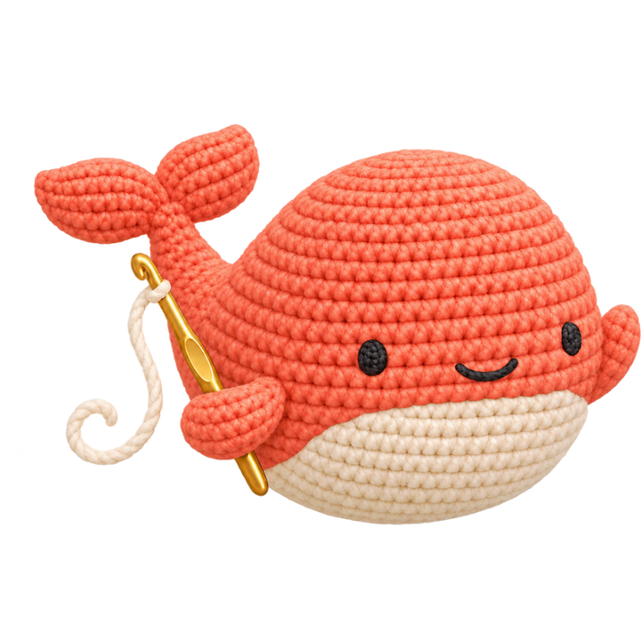 Puff the crocheted whale waving