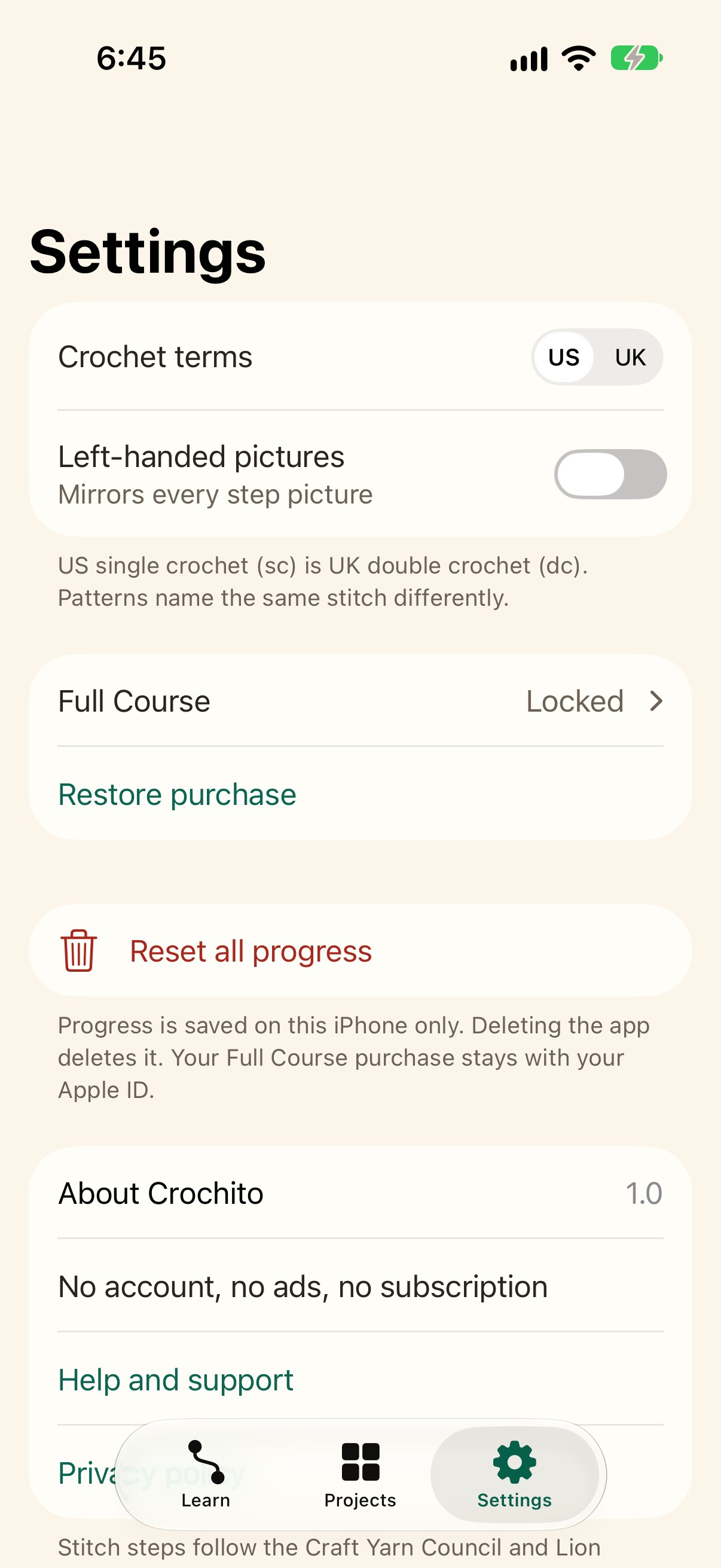 Crochito settings with crochet terms and left-handed option